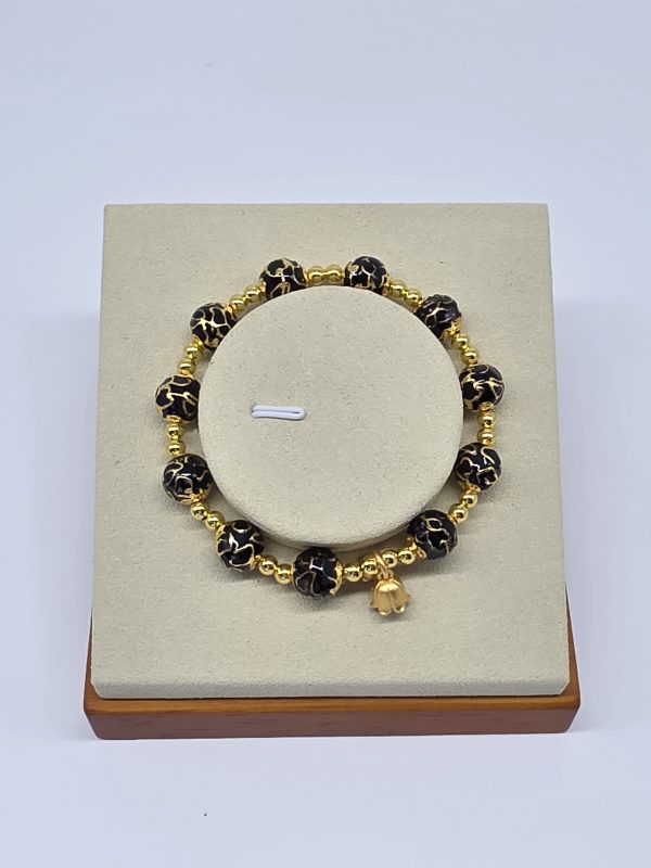 Black Enamel Peace Gold Bead Bracelet