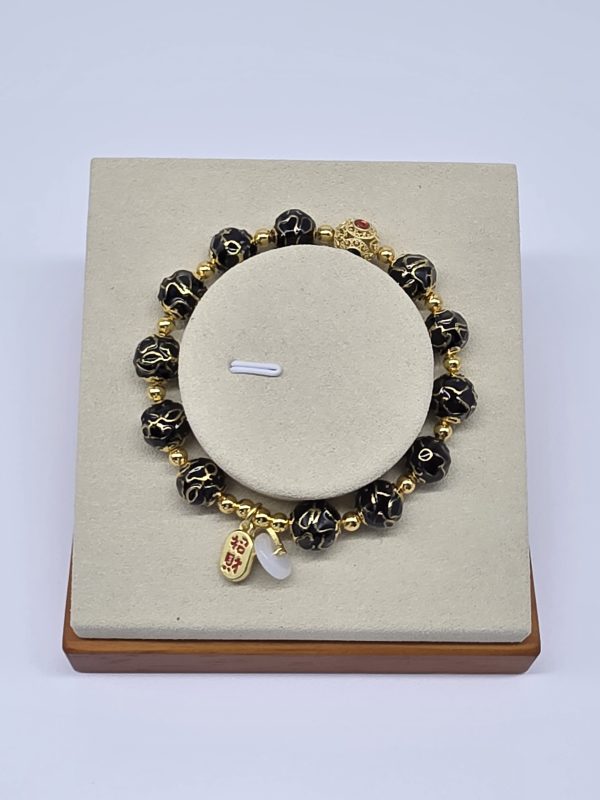 Black Enamel Wealth-Attracting Gold Bead Bracelet