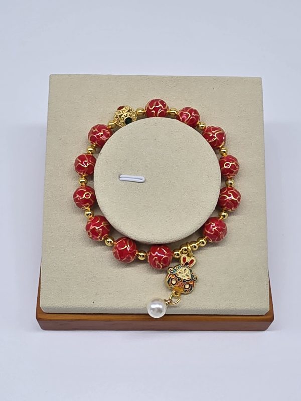 Red Enamel Fortune Rabbit Gold Bead Bracelet